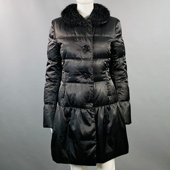 PRADA Size 6 Black Polyamide Quilted Fur Collar Button Down Coat - Picture 1 of 8